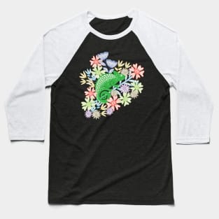 CHAMELEONS JUST WANNA HAVE FUN Cute Reptile Lizard with Rainforest Jungle Flowers in Jungle Green - UnBlink Studio by Jackie Tahara Baseball T-Shirt